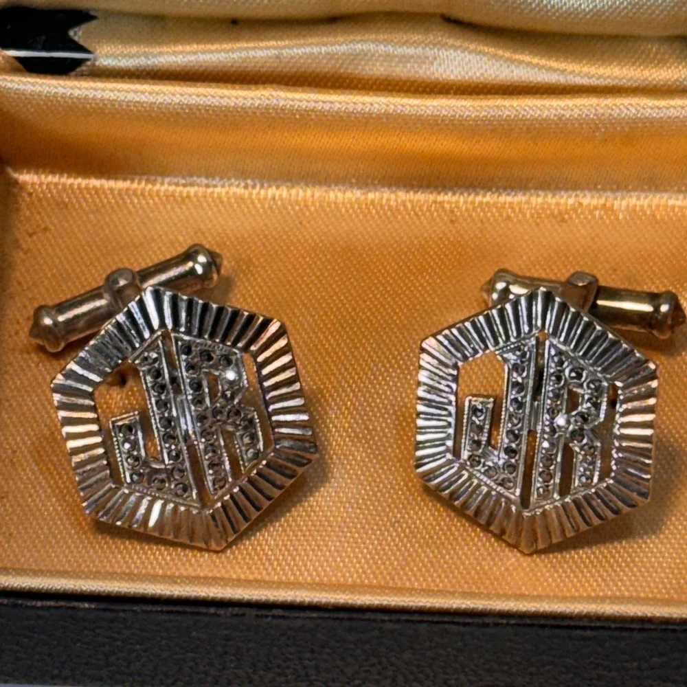 Vintage Sterling Silver Cufflinks Mens OS Rhinestones JR Monogram 60s